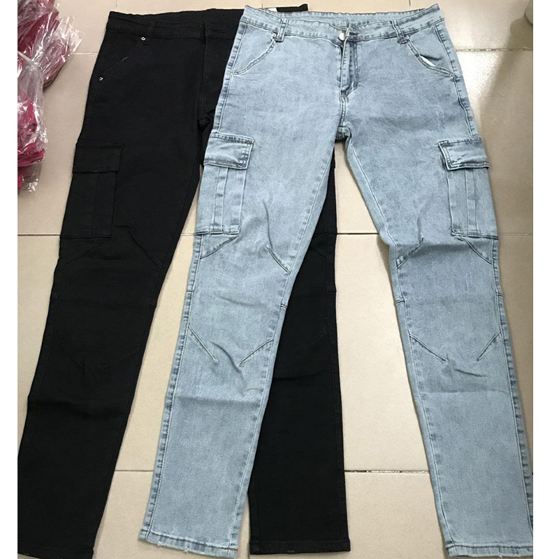 Spodnie Jeans Mężczyźni Wash Solid Color Multi Pockets Denim Mid Waist Cargo Jeans Plus Size Fahsion Casual Trousers Male Daily Wear
