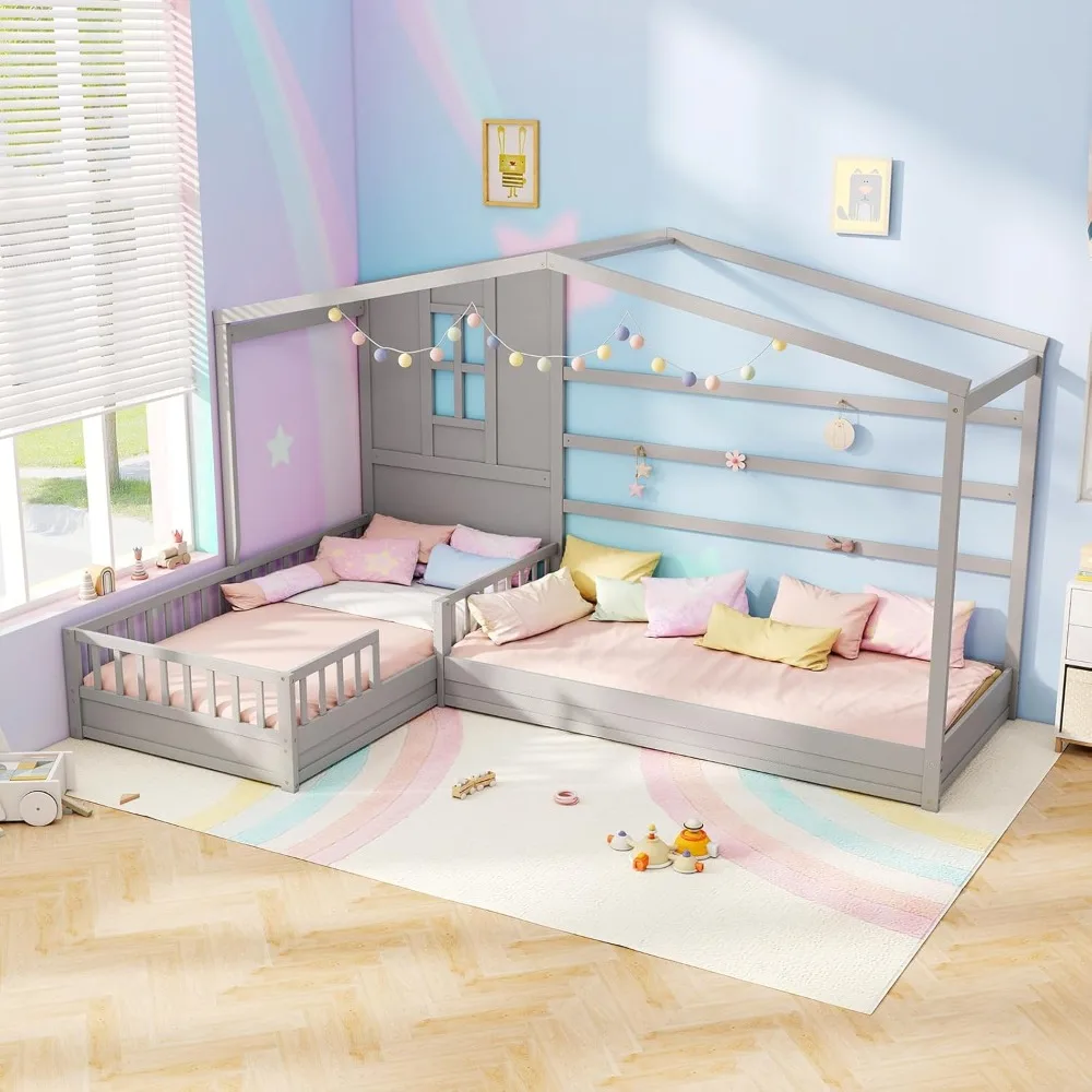 MAT EXPERT L Shaped Twin Beds for Kids Double, Wooden House Platform Bed w/Window & Roof, Fence & Slats, Corner