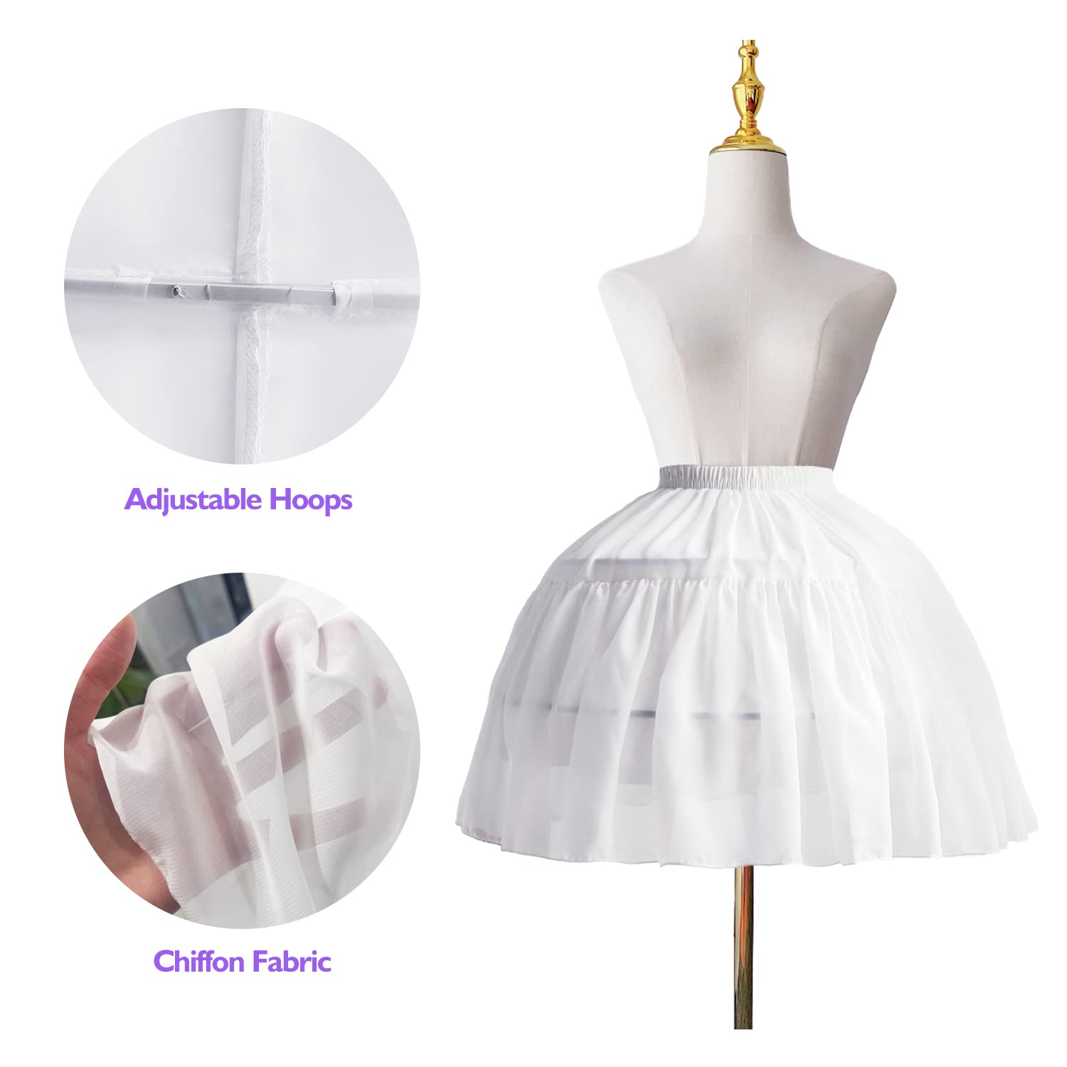 Donne Ragazze Lolita Crinolina Sottoveste Abito da ballo in chiffon Sottoveste Corto 2 Cerchi Sottogonna per Cosplay Abito con orlo grande Bianco