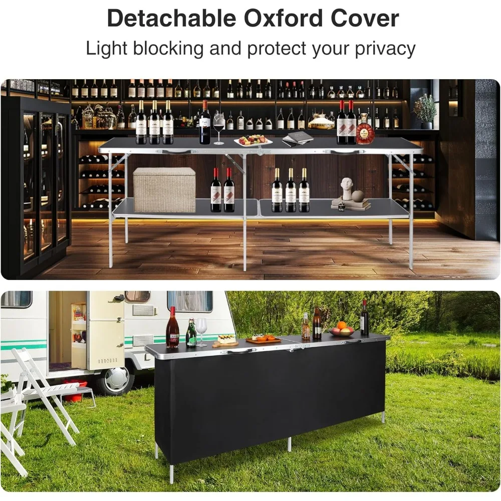 82" Extra Long Portable Bar Table with Carry Bag & Oxford Skirt - Foldable Mobile Bartending Counter, Dual-Layer Storage, Waterp