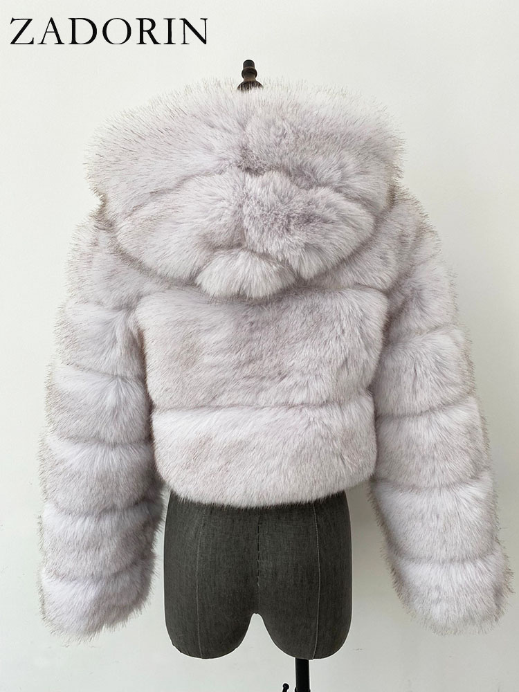 Zadorin-女性用のふわふわのフェイクファーコート,フード付きアウターウェア,暖かいジャケット,ピンク,黒,ジッパー,冬,トリミング,2022