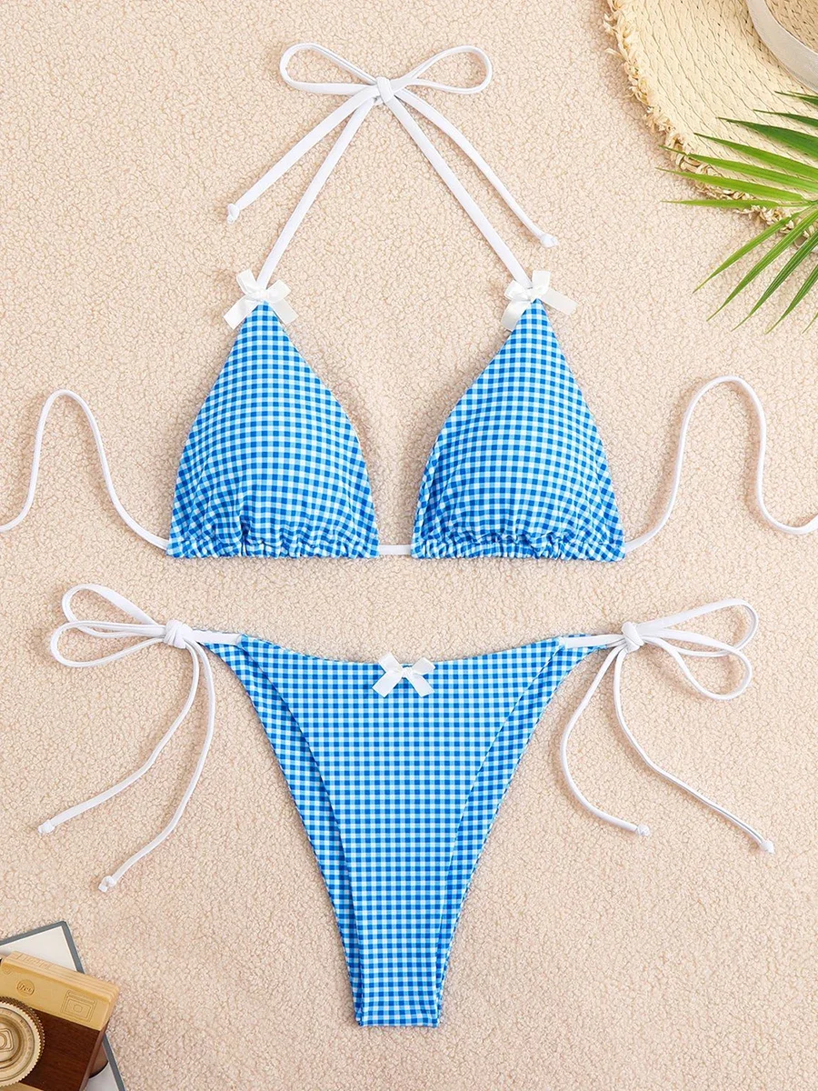 Sexy Bikini 2025 maillots de bain maillot de bain pour femme papillon décor à carreaux licou string Bikinis ensembles natation pour maillots de bain maillot de bain