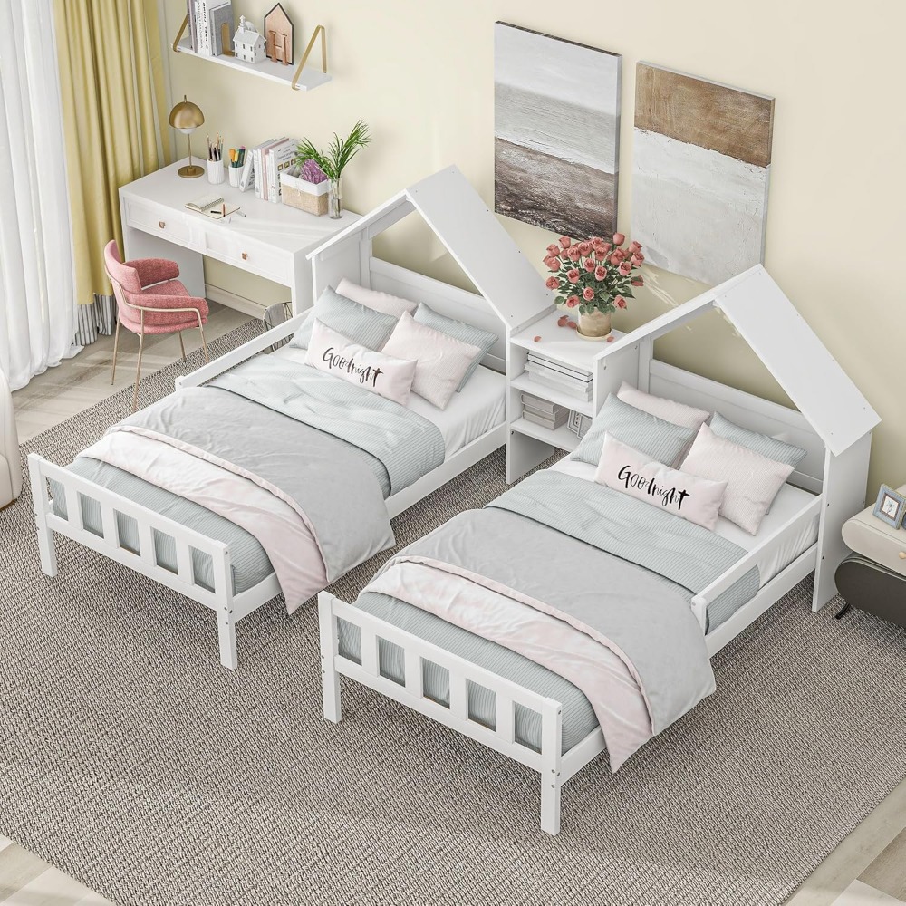 Twin House Bed Frame with Nightstand, Stylish Double House Shaped Bed for Kids and Teens, Perfect for Shared Rooms in Elegant Wh