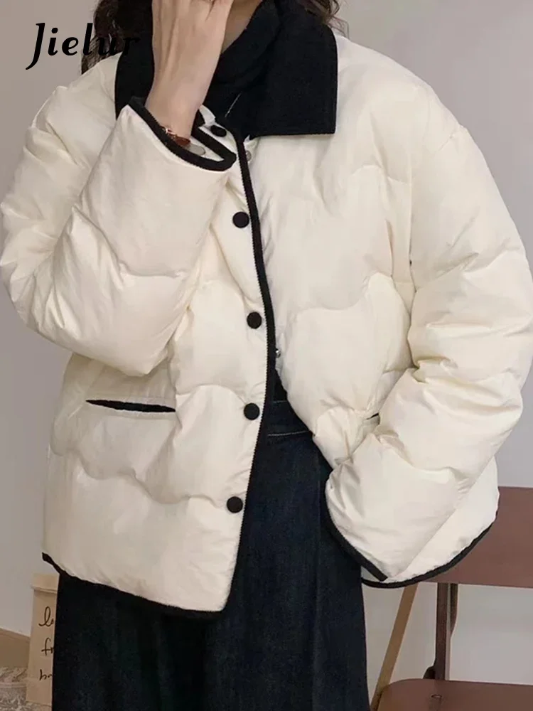 Jielur Ins Contrast Kleur Chic Knop Losse Corduroy Vrouwen Parka Mode Zakken 5-kleuren Single Breasted Casual Vrouwelijke parka