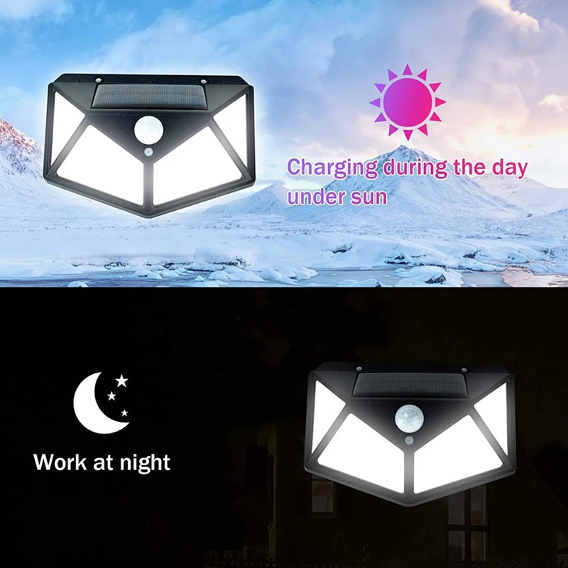 Luces solares para jardín al aire libre, luces de pared con Sensor corporal, cuatro lados, 100 LED recargables, iluminación para el hogar, farolas