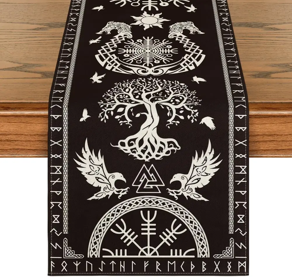 Camino de mesa de lino con casco de cuervo vikingo negro, tocador de granja de temporada, bufanda, decoración de mesa, decoración de mesa de comedor para el hogar y la cocina