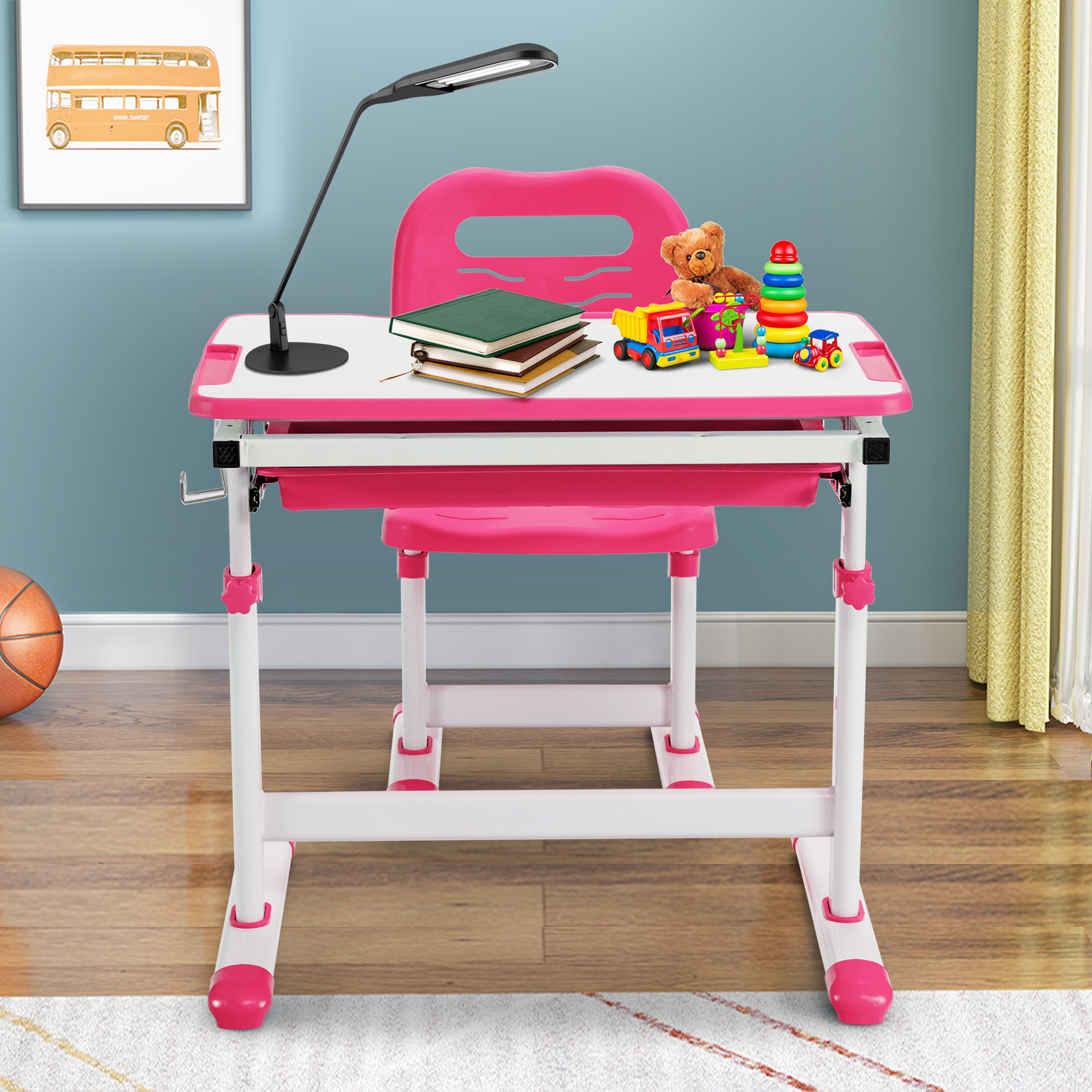 GOFLAME Kids Desk & Chair Set, Height Adjustable Study Table with Tilting Tabletop, Large Pull-out Drawer & Metal Hook