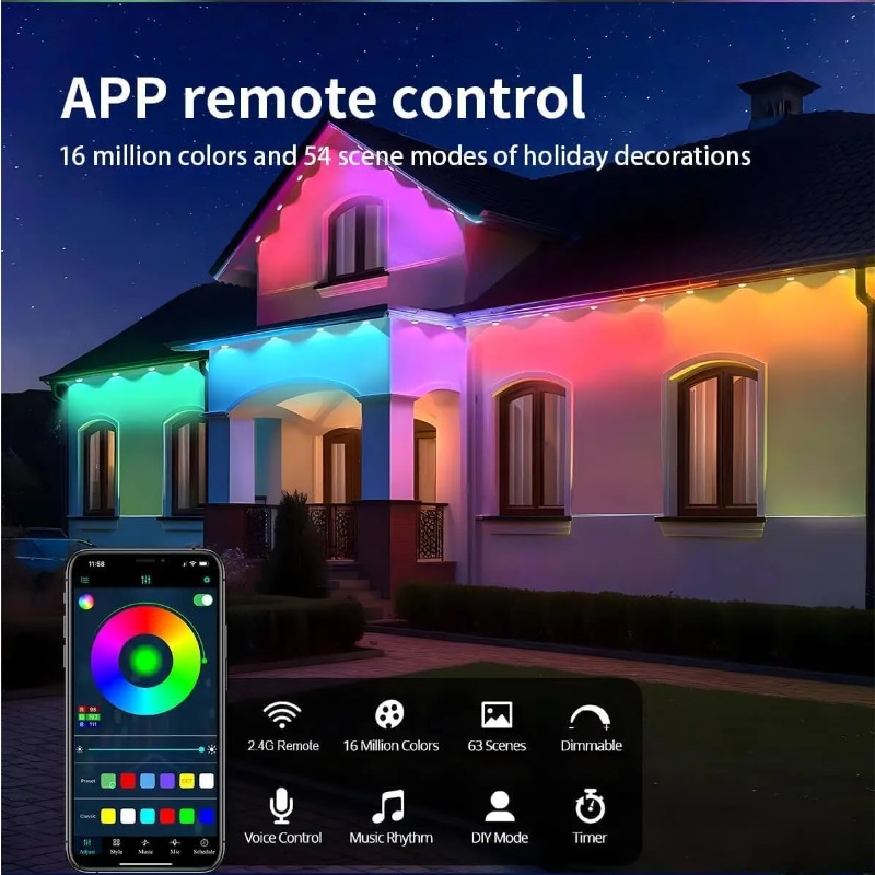 Smart RGBIC Eaves Lights Permanent Outdoor Lights Outdoor Christmas LED Light Strings with APP Remote Control IP67 Waterproof