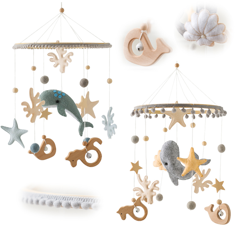 Sonajeros de concha de bola de lana de dibujos animados de fieltro suave para bebé, campana para cama colgante, soporte de madera para cuna móvil para recién nacido, juguetes educativos Montessori