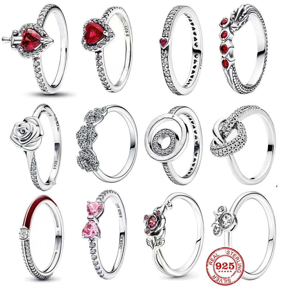 Anillo de plata 925 con forma de corazón rojo, anillos Retro góticos de circón Punk clásico a la moda para mujer, pareja, boda, regalo de joyería de lujo