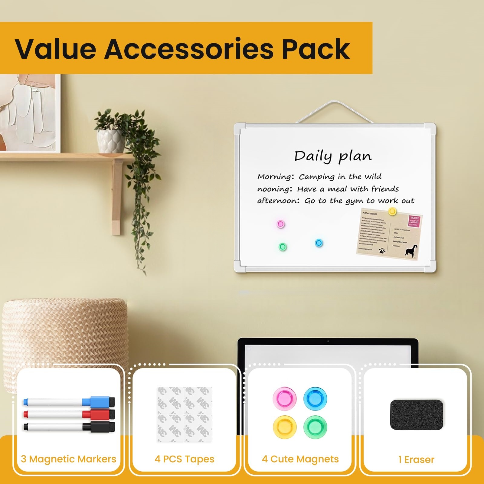 Small Dry Erase Board for Wall, 15.7" x 11.8" Double-Sided Small Whiteboard, Dry Erase White Board with 3 Markers & 4 Magnets, P