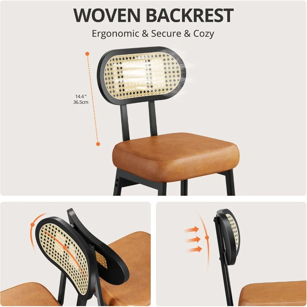 30" Counter Height Bar Stools (Set of 2): Modern PU Leather, Rattan Back, Wide Seat