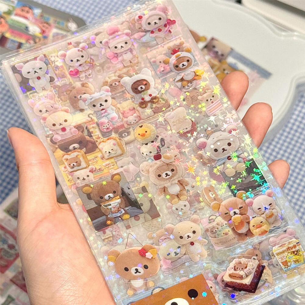 5 uds Hello Kitty Rilakkuma pegatina troquelada de dibujos animados lindo gatito gato pegatinas láser intermitentes manuales de Anime pegatinas de Material