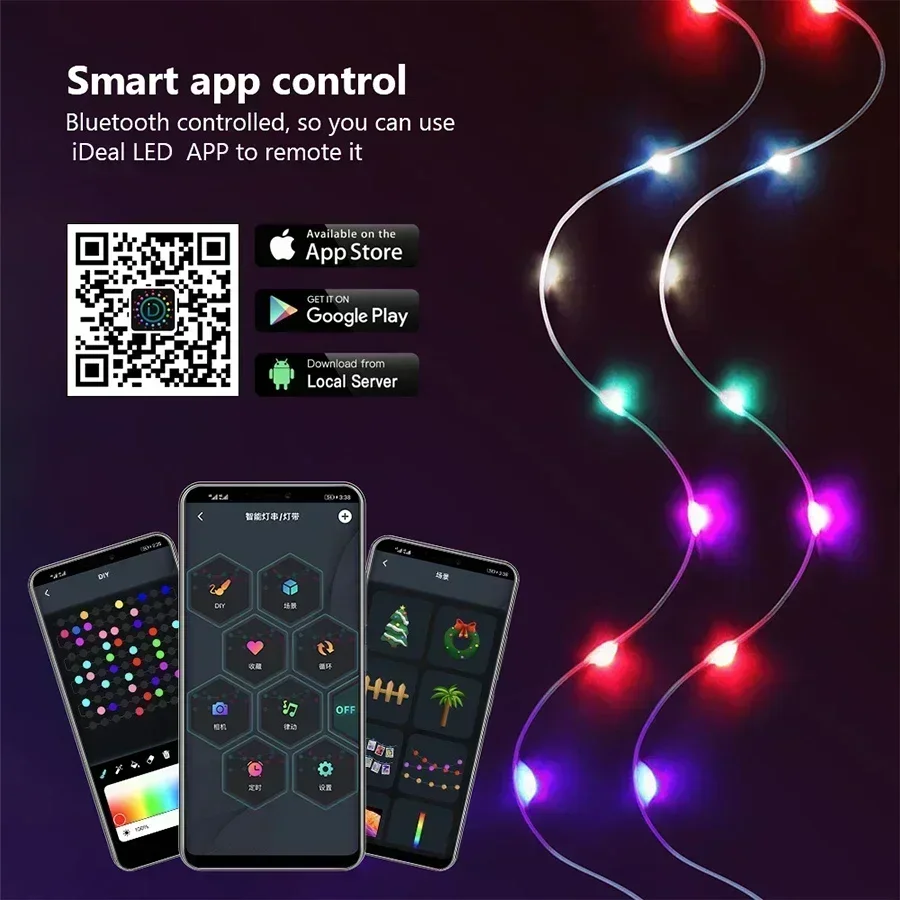 Lampki LED RGBIC WS2812B, lampki choinkowe, Bluetooth, USB 5V, adresowalne indywidualnie, aplikacja muzyczna, kolor marzeń