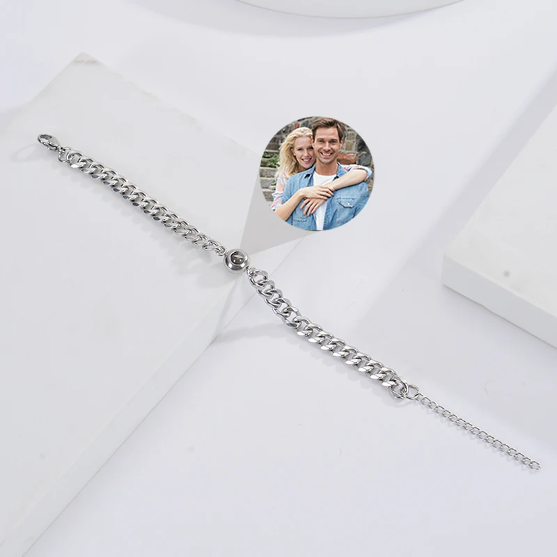 Pulseira personalizada com imagem interna de aço de titânio pulseira de corrente cubana com projeção de foto personalizada para homens e mulheres