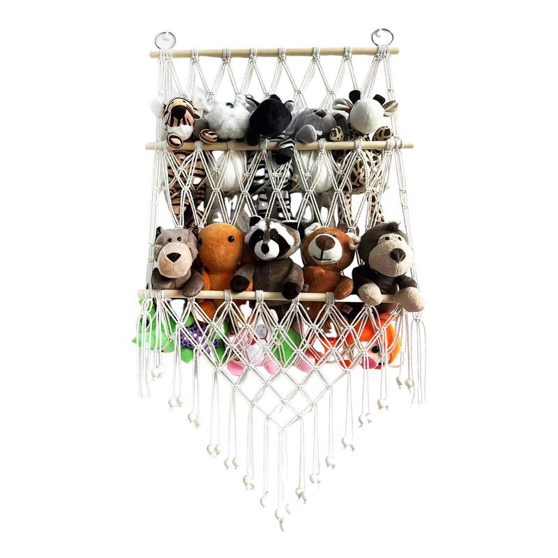 Rede de animais de pelúcia dupla camada macrame rede brinquedos armazenamento boho decoração organizar armazenamento malha titular para quarto das crianças