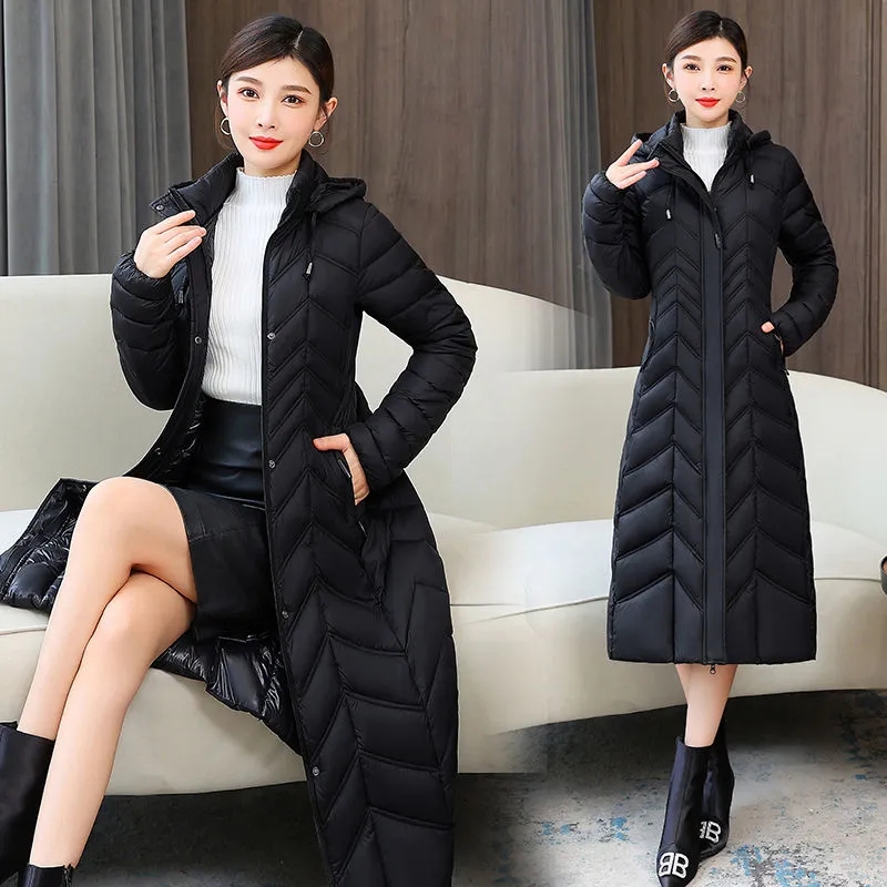 Chaqueta larga de algodón para mamá, abrigo ajustado con capucha a la moda para invierno, abrigo Parker cálido para mujer, chaquetas informales sólidas para mujer 2025