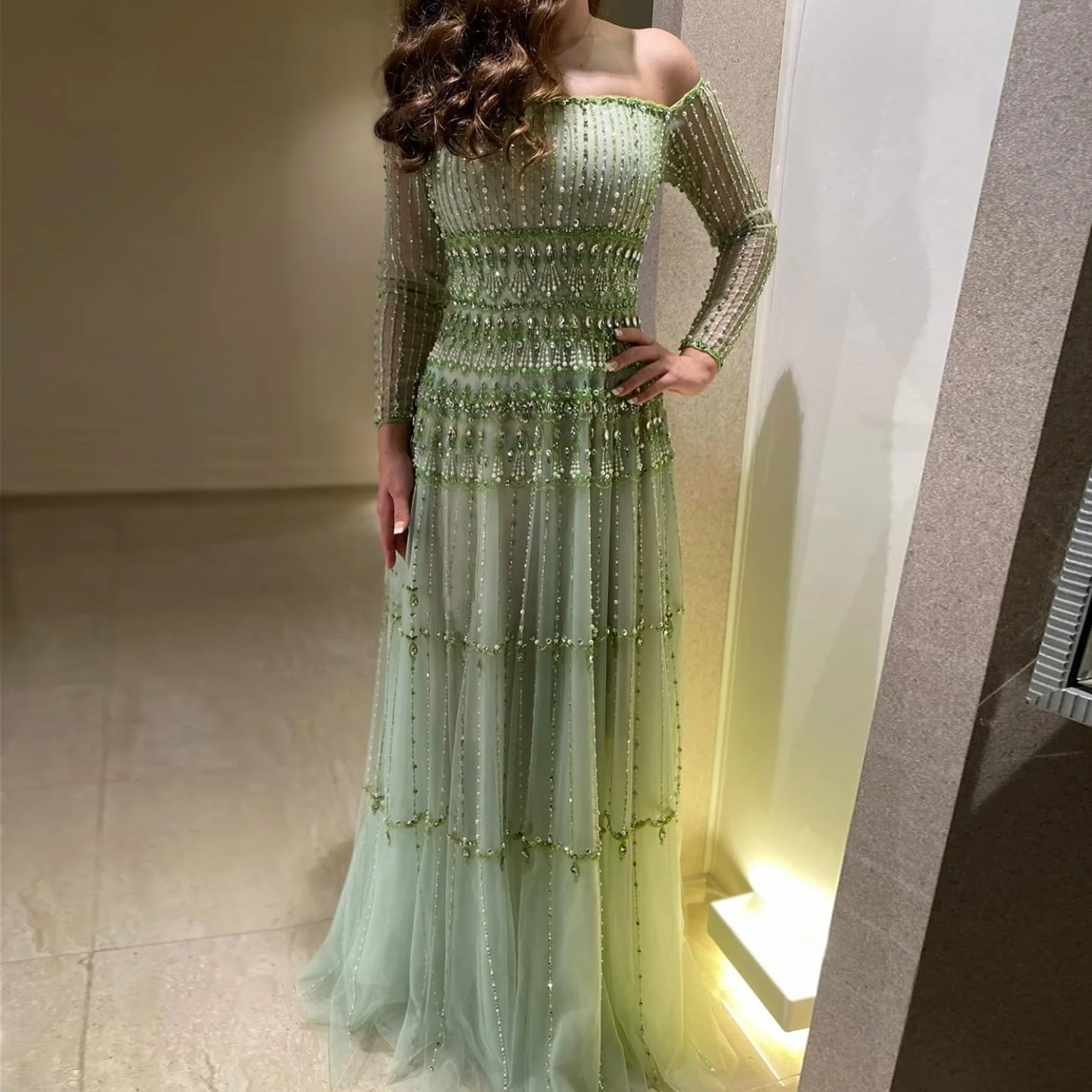 Sharon Said Off Shoulder Sage Green luksusowe suknie wieczorowe w Dubaju z długimi rękawami arabskie kobiety suknie na przyjęcia weselne SS588 dostosowane