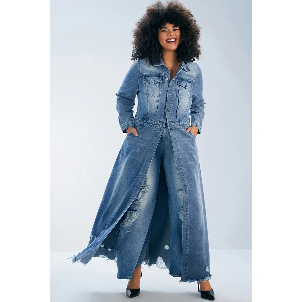 Abrigo largo informal de talla grande para mujer, azul claro, Cuello de camisa, rasgado, ajustado, Denim, Otoño e Invierno