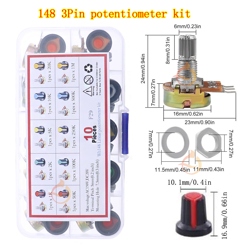 Kit de potenciômetro duplo único de 3 pinos 5 pinos 6 pinos B1K 2K 5K10K 20K 50K 100K 250K 500K 1M