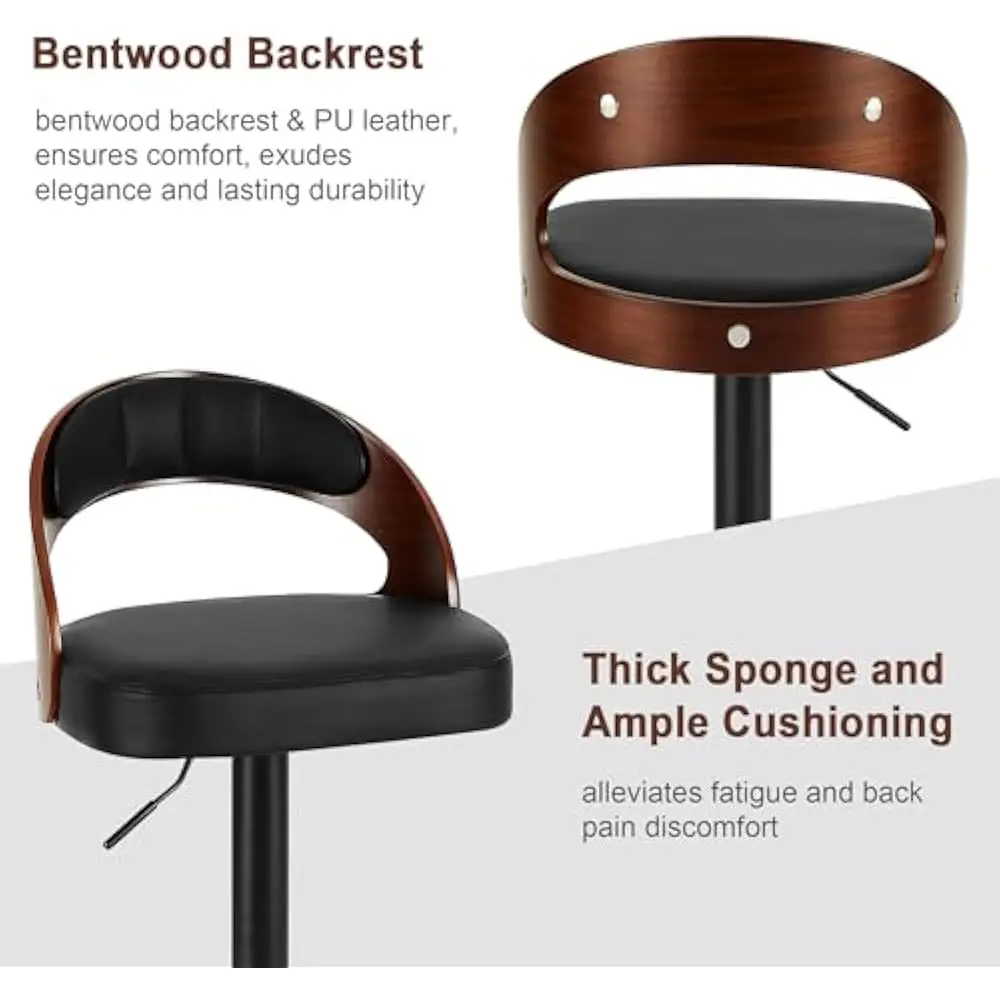Bar Stool Set of 4, Island Stools w/Bentwood Back, Arm&Footrest, Island Chairs Adjustable Height PU Leather Cushion Seat