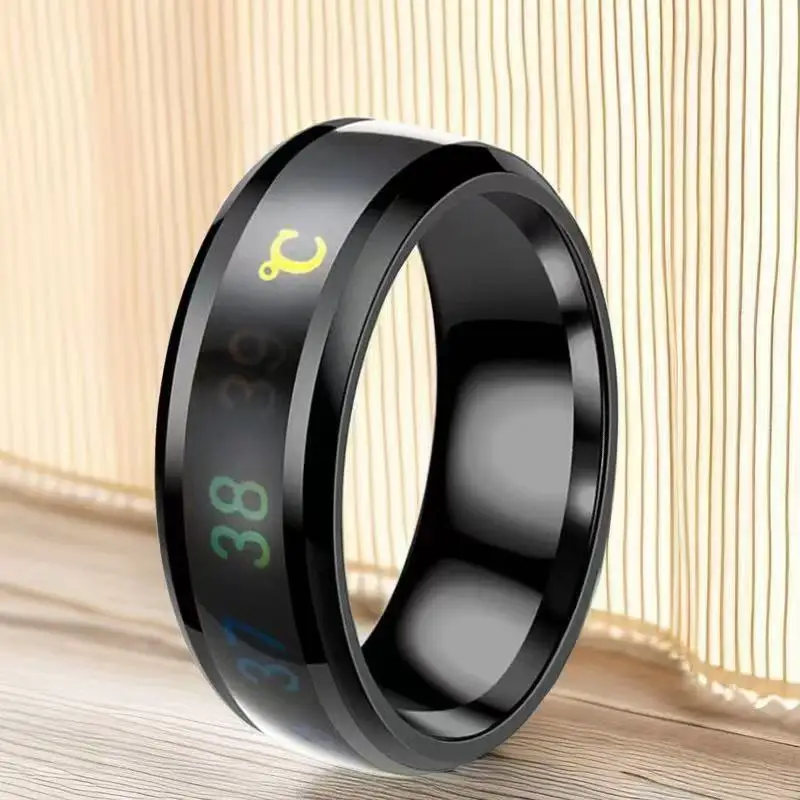 Anel inteligente de aço de titânio com sensor de temperatura e mudança de cor, anel de aço inoxidável que não desbota masculino legal