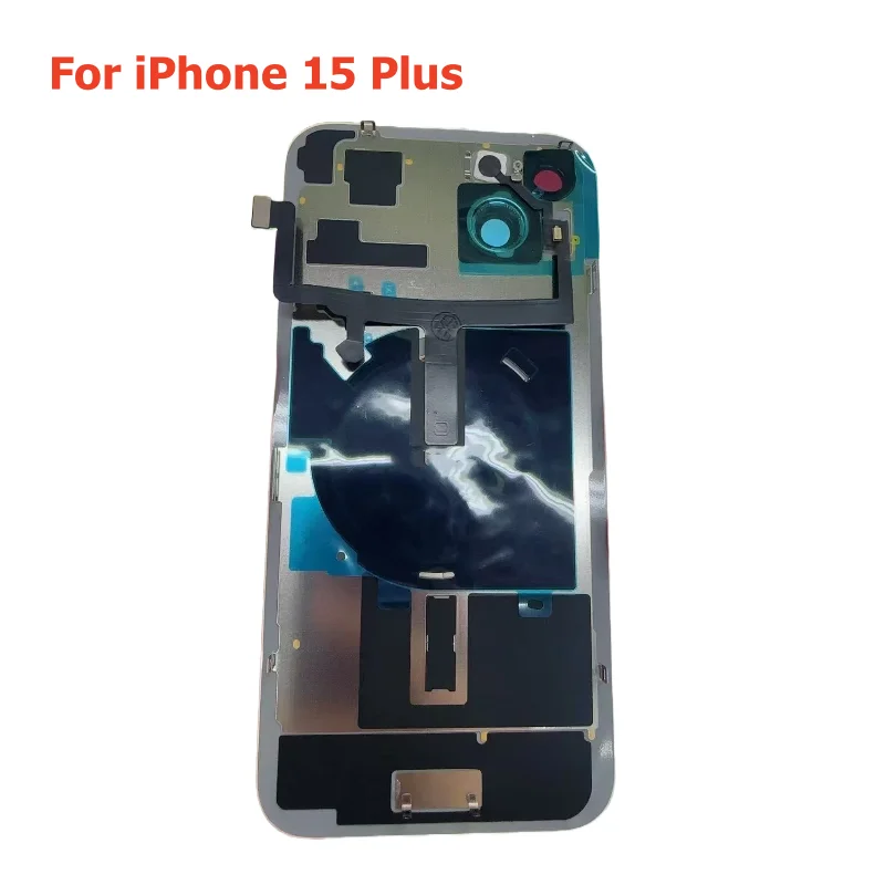 Para iPhone 15 Pro Max 15 Plus cubierta trasera de cristal carcasa de puerta trasera con Cable flexible inalámbrico reemplazo de placa de Metal