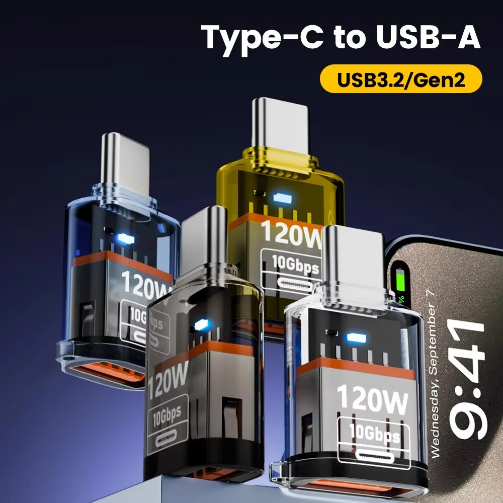 Adattatore USB 3.2 a tipo C a ricarica rapida da 120 W OTG Trasferimento audio dati ad alta velocità da 10 GB per PC Tablet Convertitore USB C Xiaomi Huawei