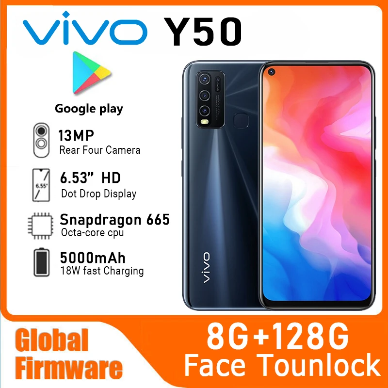 VIVO Y50 Firmware Global Smartphone Snapdragon 665 Octa Core 6,53 "5000mAh 8GB 128GB 16.0MP Cámaras Teléfono usado
