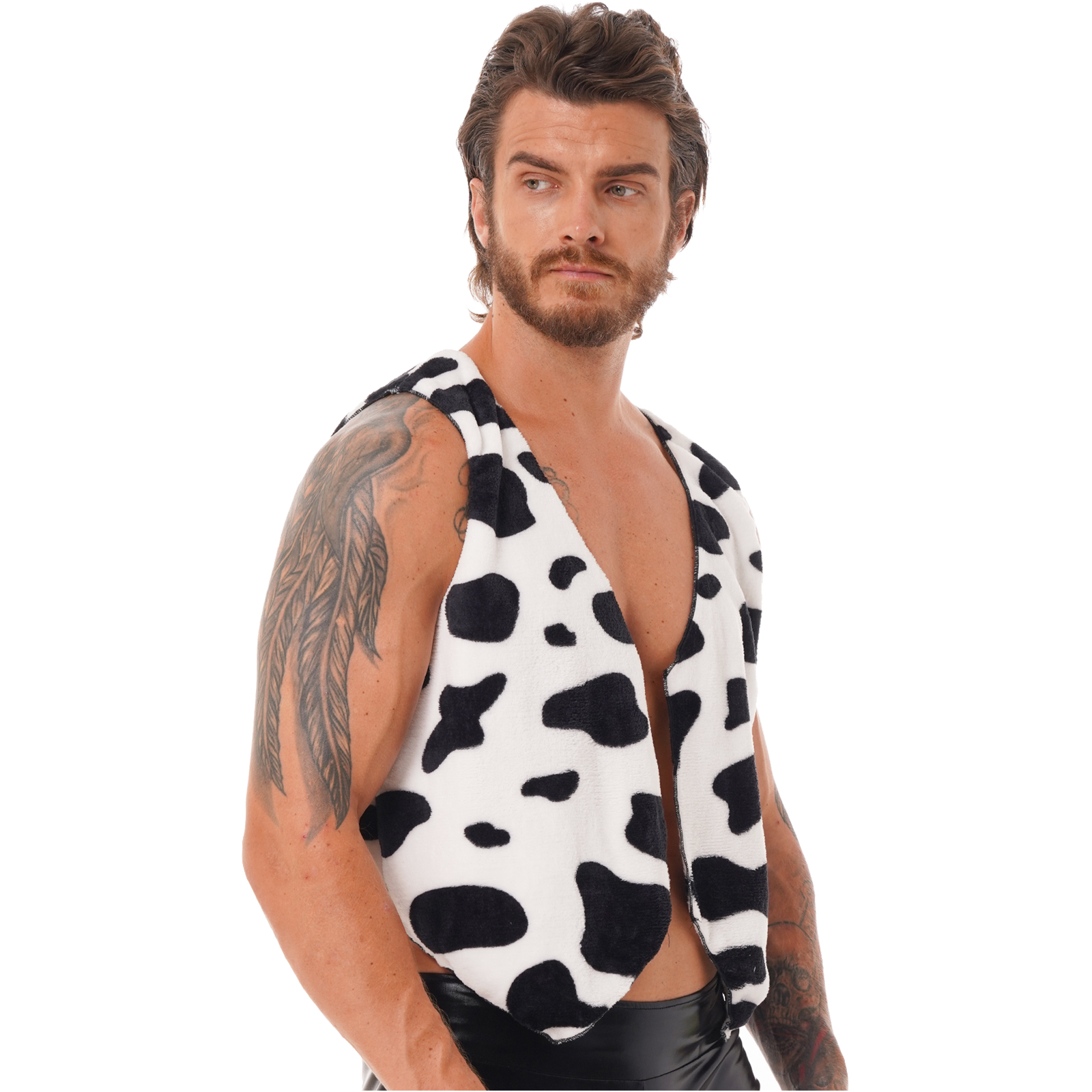 Chaleco sin mangas con estampado de vaca para hombre, abrigo abierto por delante, Hippie, Navidad, Halloween, Carnaval, vaquero, juego de rol, disfraces elegantes, chaleco de vaca