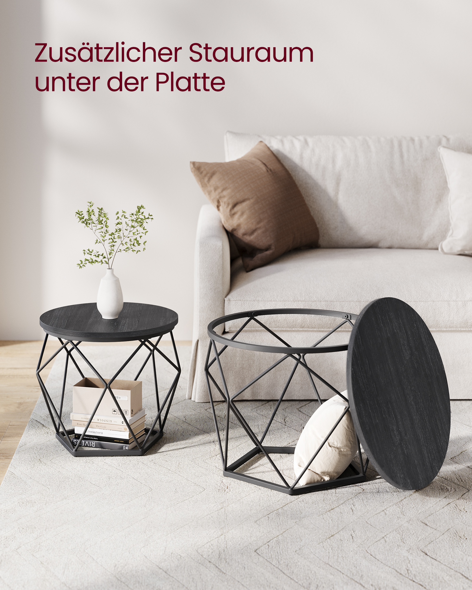 VASAGLE Couchtisch rund, 2er Set, Wohnzimmertisch, Beistelltisch, modern, abnehmbare Tischplatte, für Wohnzimmer