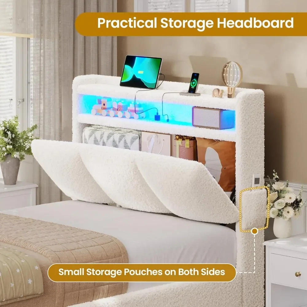 Twin Bed Frames with Storage Headboard and Charging Station,Boucle Upholstered Bed Frame Twin Size with 4 Drawers and LED Lights