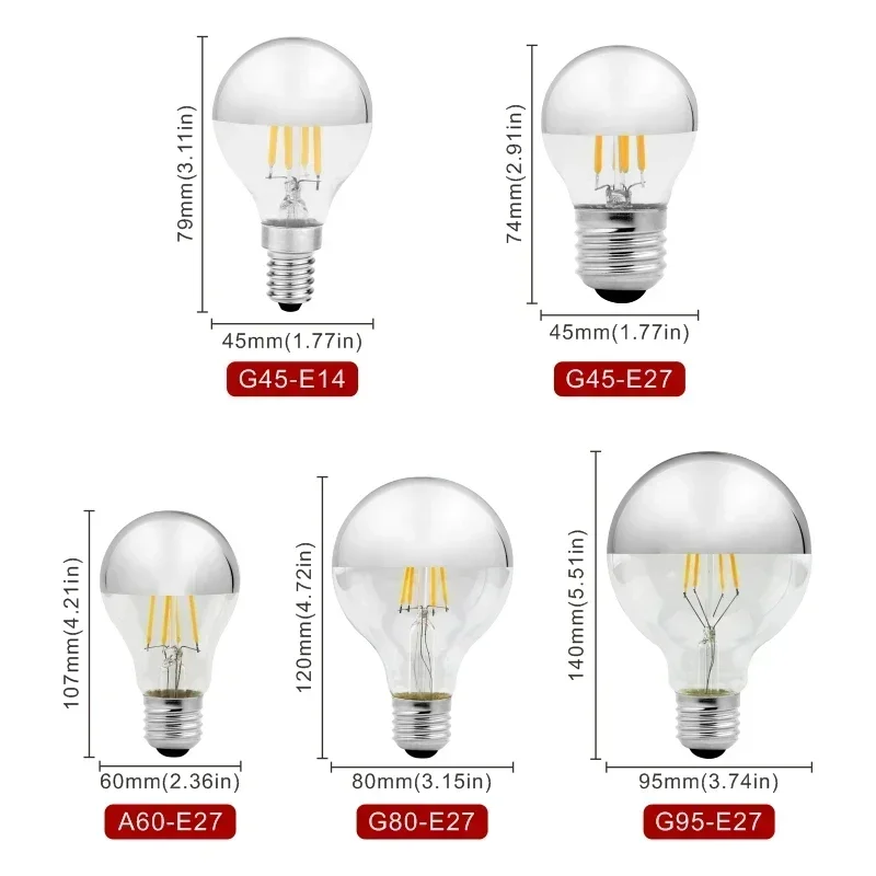 Lampadina LED Edison retrò argento specchio E14 E27 4W G45 A60 ST64 G80 G95 Lampada a filamento vintage Lampada a LED Illuminazione bianca calda