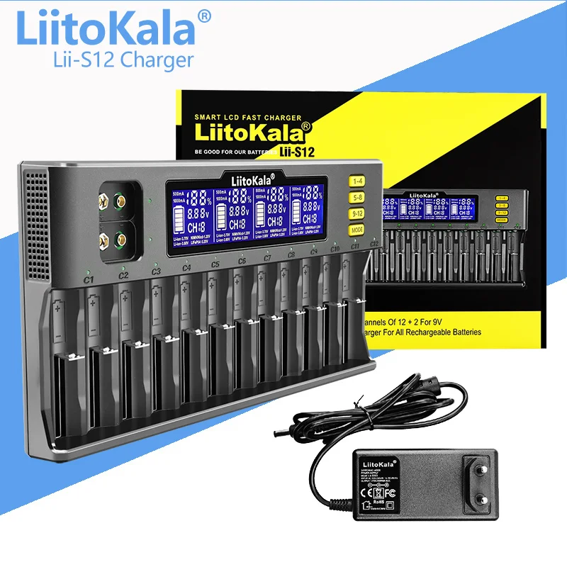LiitoKala Lii-S12 12-Slot 18650 แบตเตอรี่ชาร์จสําหรับ 20700 26650 21700 14500 10440 16340 1.2V 3.7Vแบตเตอรี่