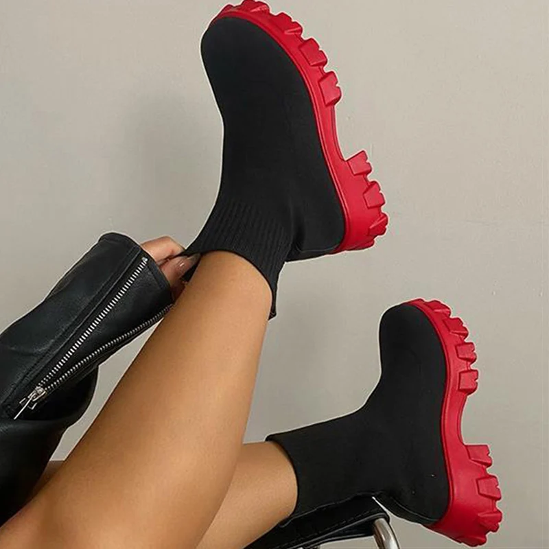 Botas de Mujer, Botas de plataforma blancas para invierno y otoño, Botas femeninas, calcetines, botines, zapatos de plataforma, botines de tacón para Mujer