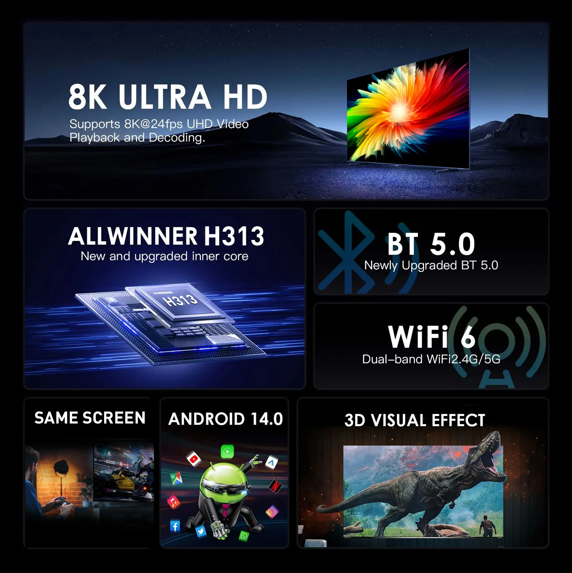 Mortal Global Versão Android 14 4K HDR Smart TV Box 2GB/16GB 5G Dual Wifi BT5.2 Assistente de Voz H313 Media Player Q1 ATV TV Box