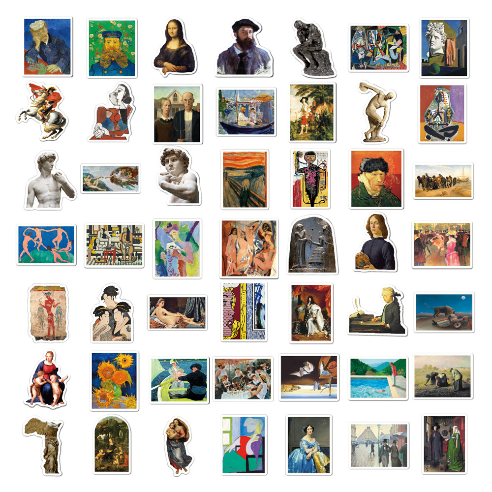 10/30/50Pcs Tranh Sơn Dầu Nghệ Thuật Bức Tranh Nổi Tiếng Mona Lisa Van Gogh Picasso David Sticker Cho Hành Lý máy Tính Xách Tay Ipad Sticker Bán Buôn