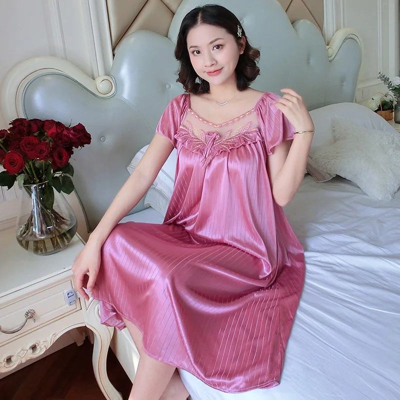 Senhoras camisola de seda gelo vestido de dormir comprimento médio manga curta camisola sexy sleepwear casa wear loungewear pijama femme