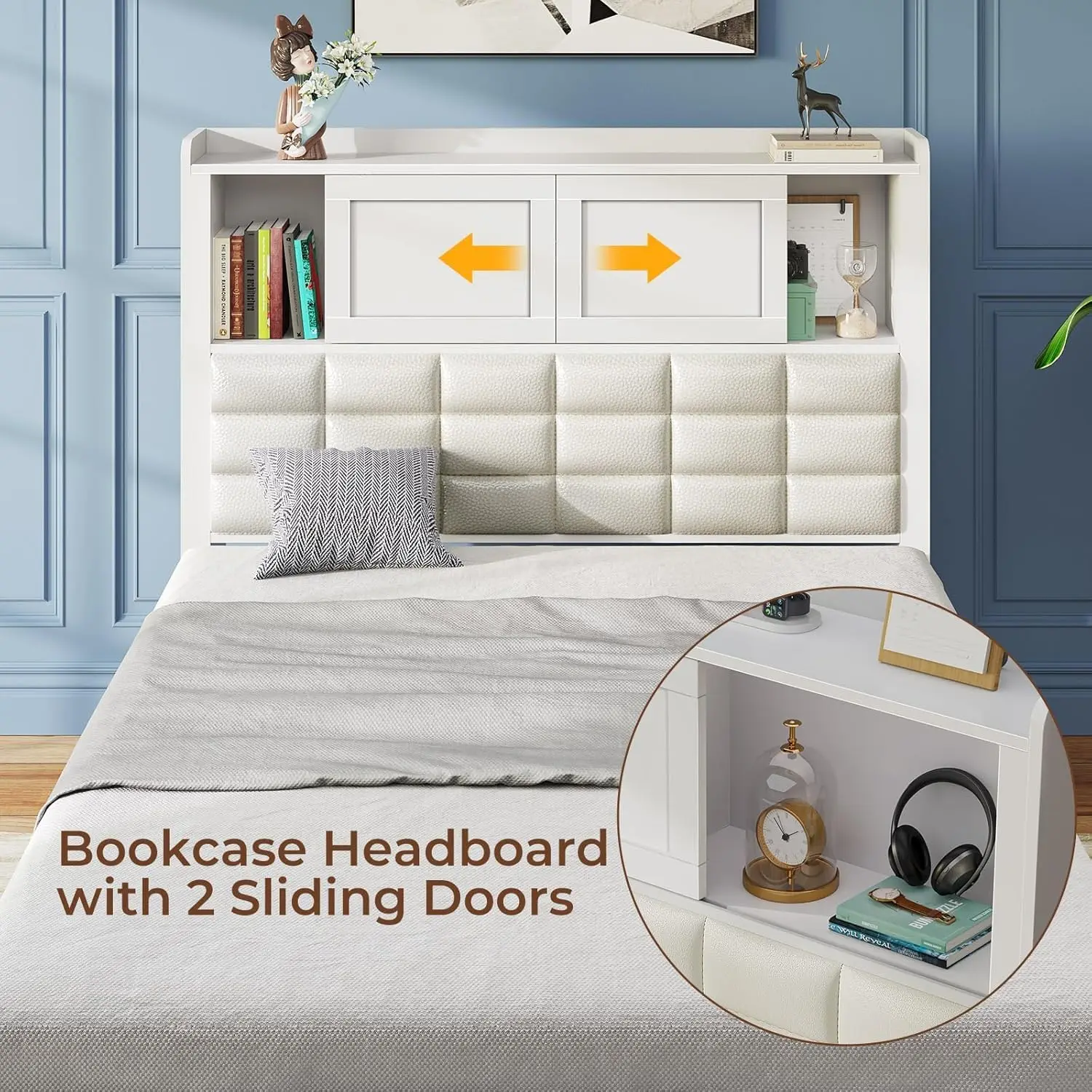 Bed Frame Twin Size with Charging Station, Bookcase Headboard Bed with LED Light and Sliding Doors, Platform Bed with