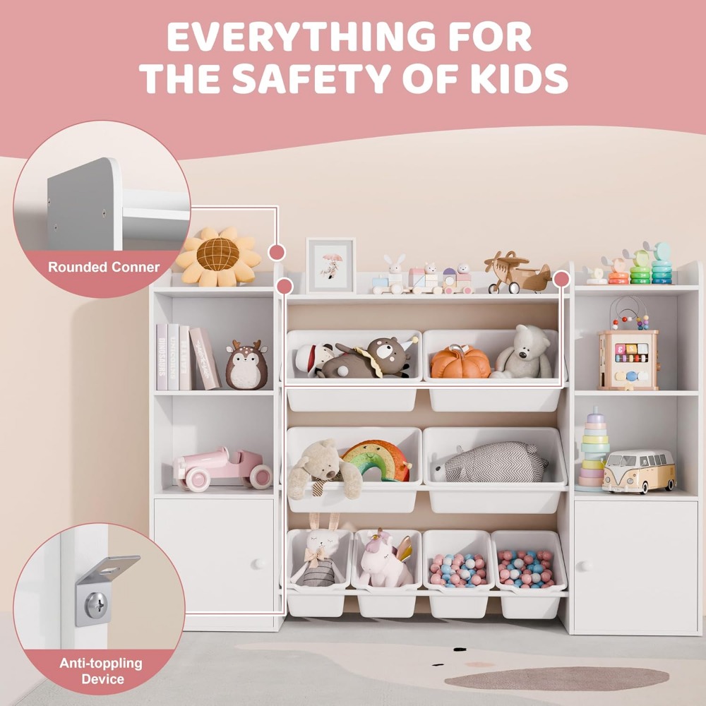 Kids Toy Storage Organizer W/8 Removable Toy Bins, 4-Tier Toy Organizers W/6 Storage Cubbies, Kids Bookshelf and Toys Storage