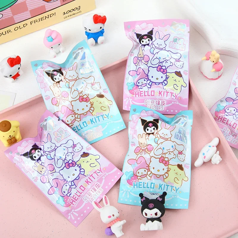 Sanrio 만화 지우개 고무 16/32pcs Kawaii 학생 문구 Kuromi 헬로 키티 3D 지우개 청소 도구 학교 어린이 선물