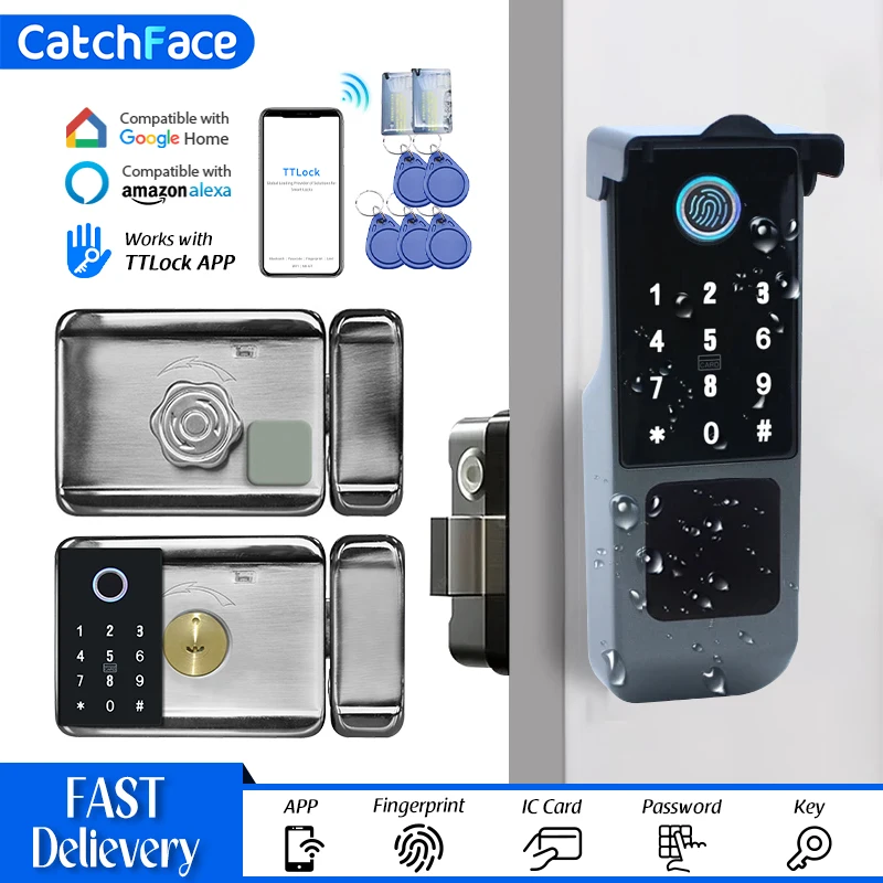 TTLock versión WIFI doble cara huella digital impermeable puerta exterior código de acceso tarjeta Rfid cerradura de puerta inteligente sin llave