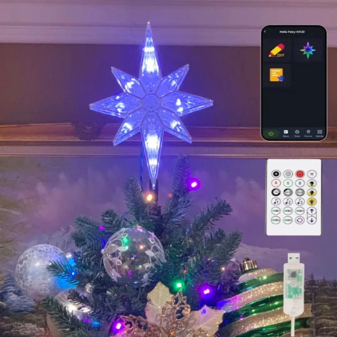 Weihnachtsbaumspitze Neujahr Dekor Smart APP Remote Music Sync Control RGB Farbe Doppelschicht Stern Weihnachtsbaum Stern Dekor Lichter