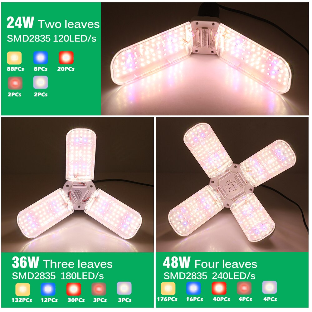 Lâmpada Foldable Full Spectrum Phyto Lamp, LED Grow Light, Lâmpada para Plantas de Interior, Flor Flor, Jardim, E27, 24W, 36W, 48W, SMD2835