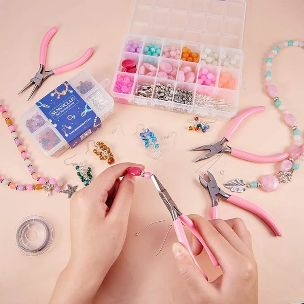 สีชมพูน่ารัก Handle Anti-SLIP Splicing และ Fixing เครื่องประดับคีมเครื่องมือและอุปกรณ์สําหรับ DIY เครื่องประดับทําเย็บปักถักร้อย