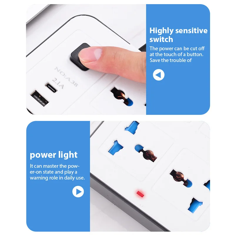 Power Multi Tap Universal Plug EU US UK Outlet Power Strip พร้อม 2 เมตรสายไฟ AC ประเภท C พอร์ต USB ชาร์จซ็อกเก็ตไฟฟ้า