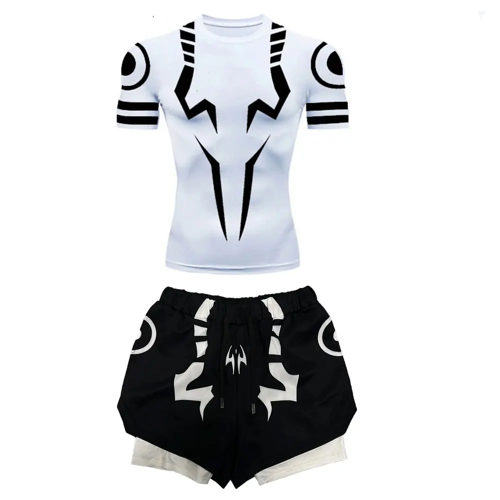 Anime Jujutsu Kaisen Kompressionsset Fitnessanzug für Herren, schnell trocknendes 3D-Kompressionsshirt + Fitnessstudio-Shorts, Lauf-Workout-Sportbekleidung