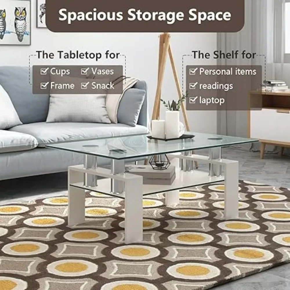 Rechteckiger Couchtisch aus Glas, moderner Beistelltisch mit unterer Ablage, Tischplatte aus gehärtetem Glas und Metallbeinen