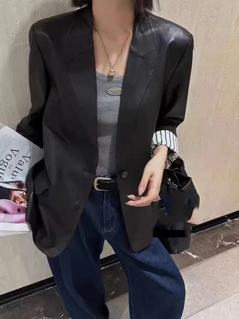 Ölwachs-Lederanzug für Damen, 2025, Winter, echtes Schaffell, schwarzer Mantel hinten, geteilte Flip-Tasche, Jacke, Blazer feminino