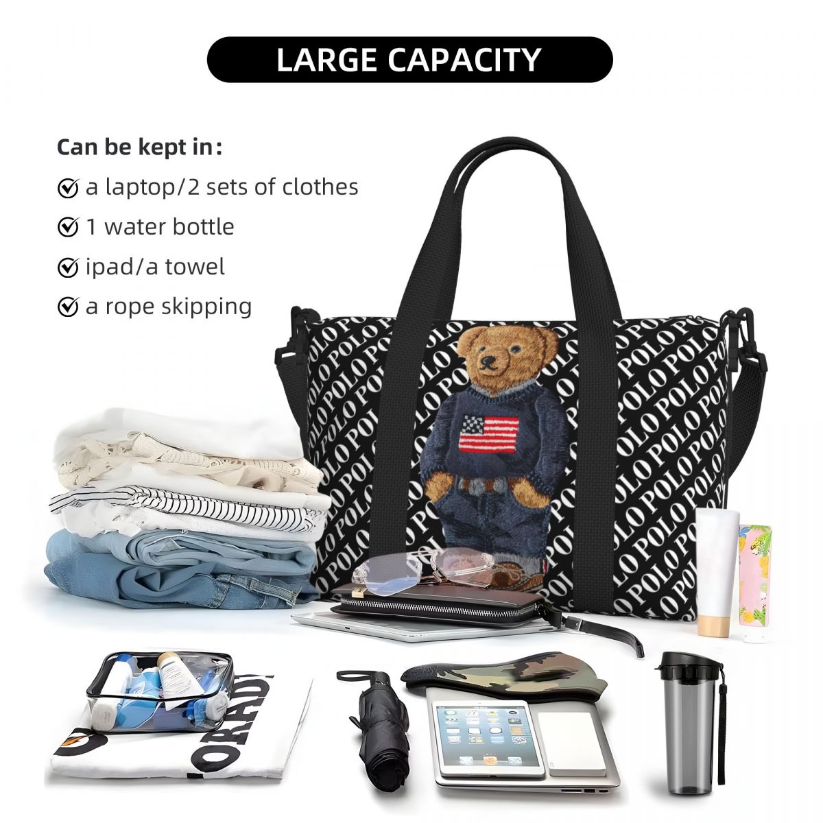 Custom Large Luxury Bear Tote Bag Women Shopper Shoulder Gym Beach Travel Bag